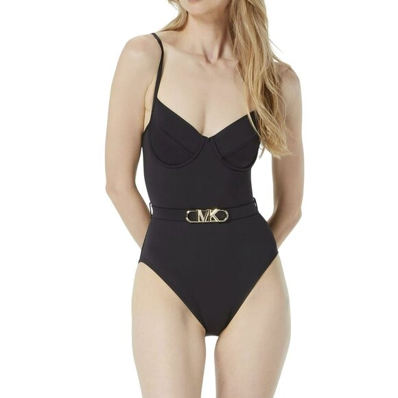 Michael Kors Sz 14 Logo Belt Black Underwire One Piece Bathing Suit NEW - Picture 1 of 9